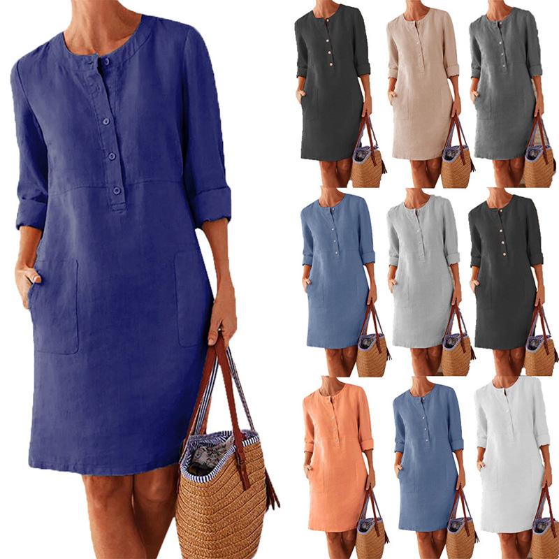 Nettjade™Einfarbiges Kleid aus Baumwolle und Leinen