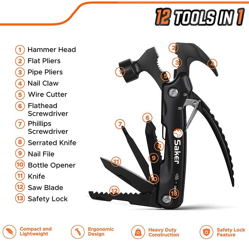 Saker Multifunktionales 12-in-1-Mini-Hammer-Campingausrüstungs-Überlebenswerkzeug