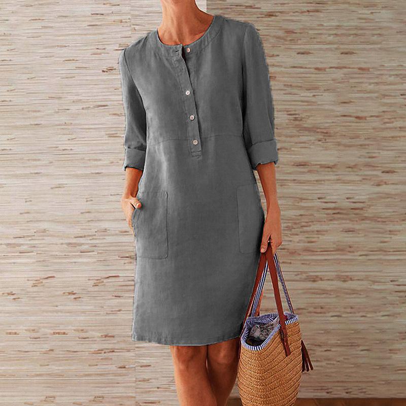 Nettjade™Einfarbiges Kleid aus Baumwolle und Leinen