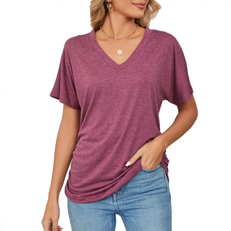 Einfarbiges Damen-T-Shirt mit V-Ausschnitt
